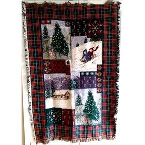 Goodwin Weavers Tapestry Throw Blanket Christmas 100% Cotton Plaid Green Red USA